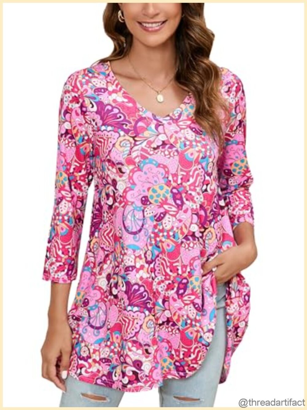 Plus Size Tunic Top V Neck 3/4 Sleeve Paisley Print Loose Fit Flowy Blouse